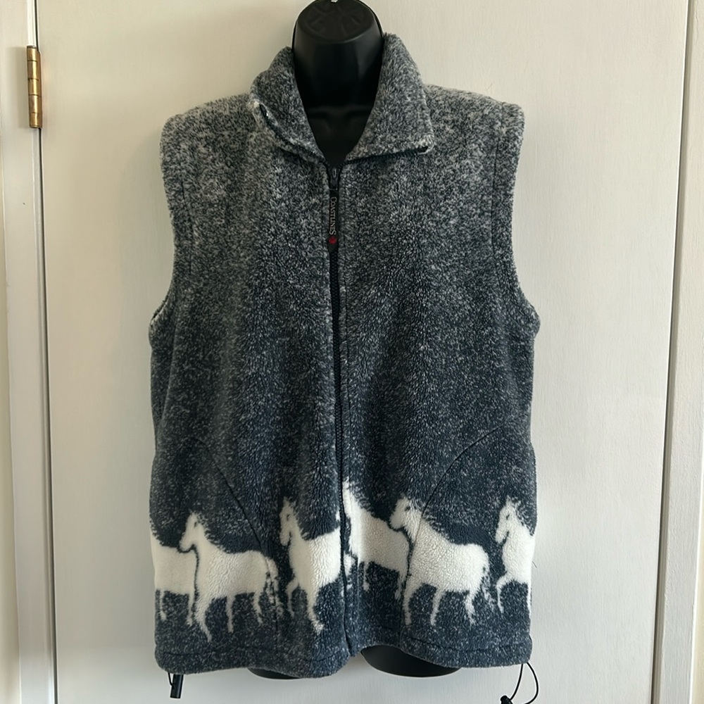Coastlines fleecy blueish grey vest with horse design on bottom , full zip